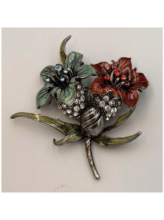 Vintage Jewelry - Vintage Enamel Floral Brooch with Rhinestones – Dual Flower Design 2254